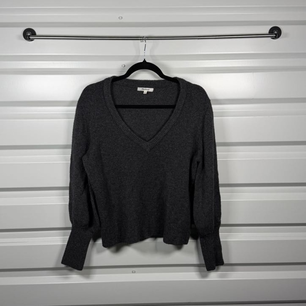 Madewell‎ Womens Charcoal Gray Wool Blend Puff Sleeve V-Neck Sweater Size M
